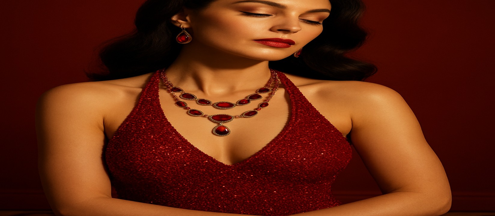 1111bet গেমিং প্ল্যাটফর্মের টেবিলে লাল পোশাকে সজ্জিত এক নারী উপস্থাপক