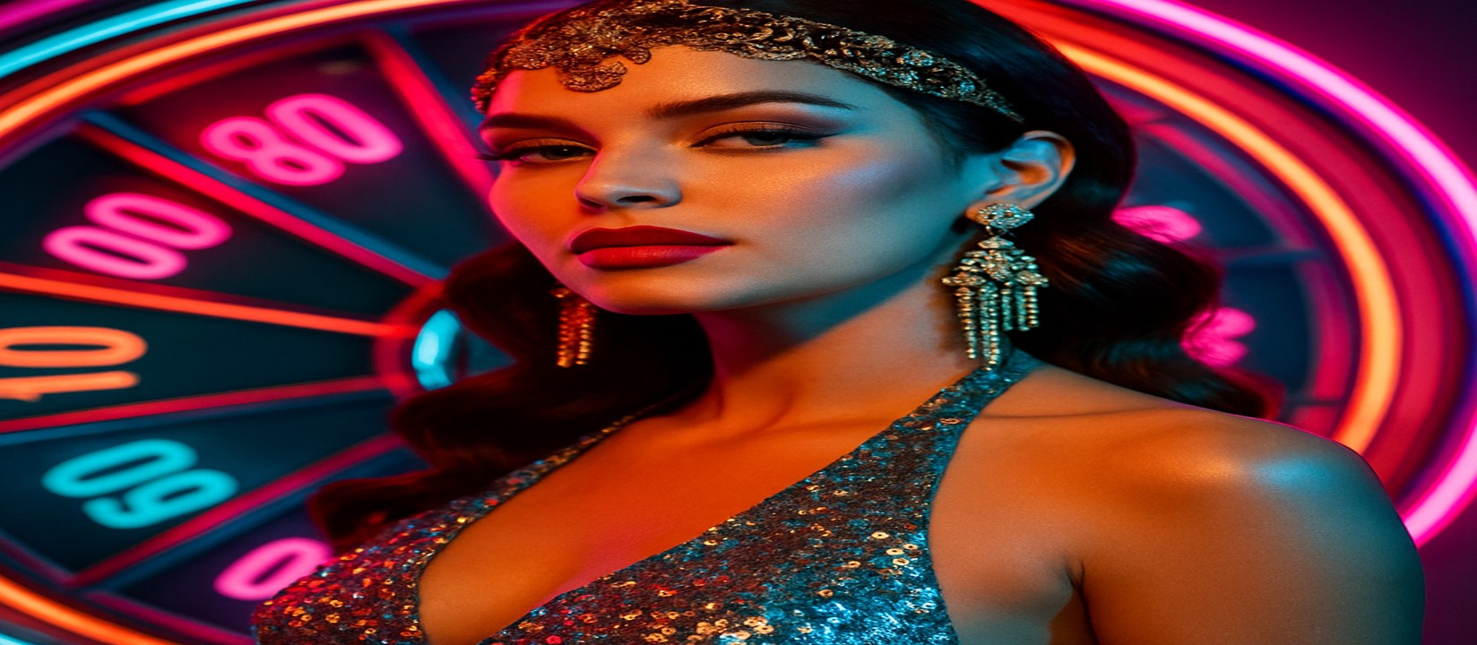 চাকার সামনে 1111bet গেমিং প্ল্যাটফর্মে রঙিন পোশাকে এক নারী