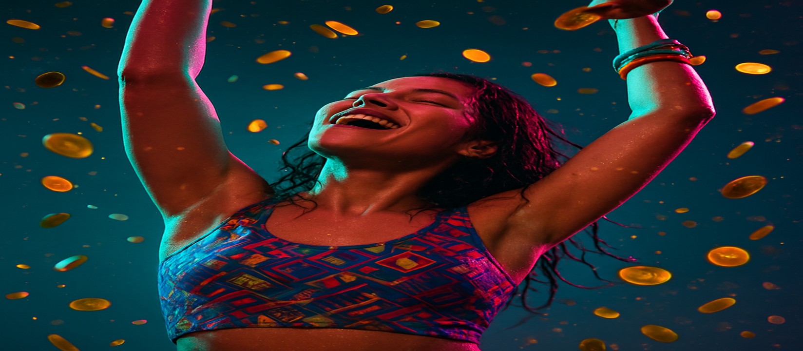 1111bet মুদ্রার ঝরনার মাঝে রঙিন পোশাকে একজন নারী